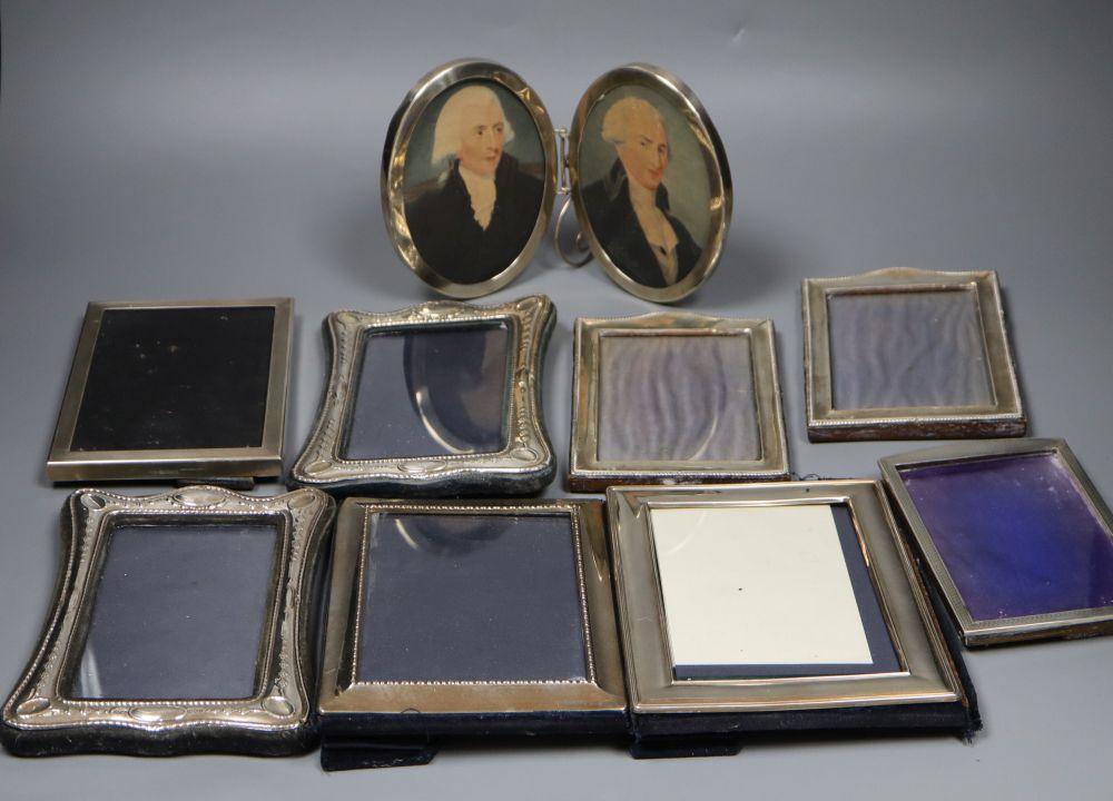 Ten assorted silver photograph frames including a double frame, largest 18.6cm.